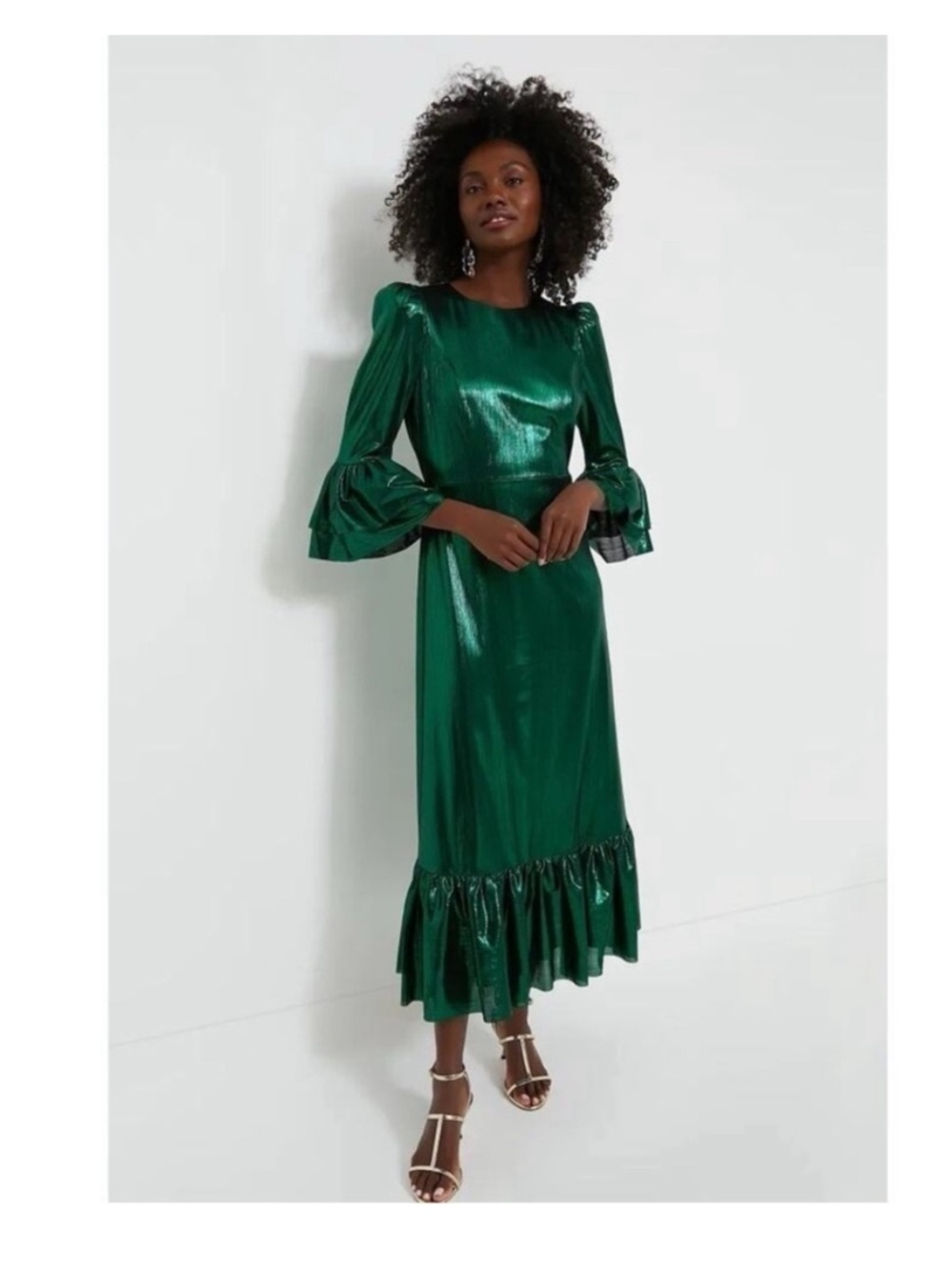 Pomander Place Green Metallic Pleated Ruffle Maxi Dress B1680 Small NWT